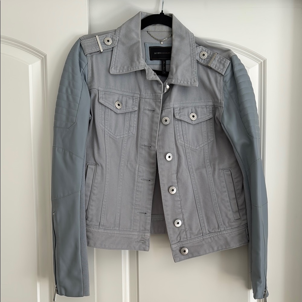 Blue/Gray BCBG Maxazria Denim Jacket with Quilted Pleather Sleeves size S